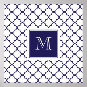 Marine-Blau, weißes Quatrefoil Monogramm groß Poster