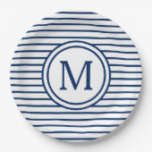 Marine-blaue Streifen auf weißem Monogramm Pappteller (Vorderseite)