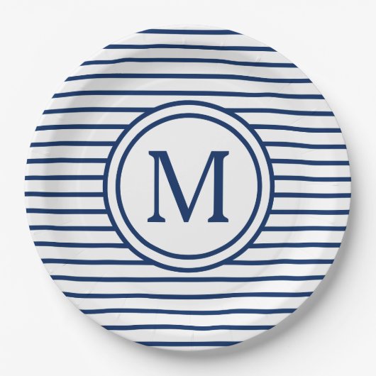 Marine-blaue Streifen auf weißem Monogramm Pappteller (Vorderseite)