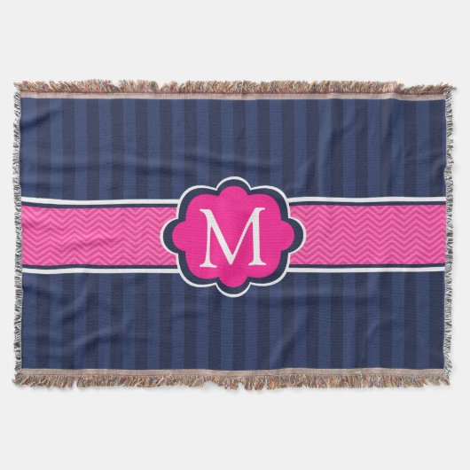 Marine-blaue Streifen-Pink-Gewohnheits-Monogramm Decke (Vorderseite)