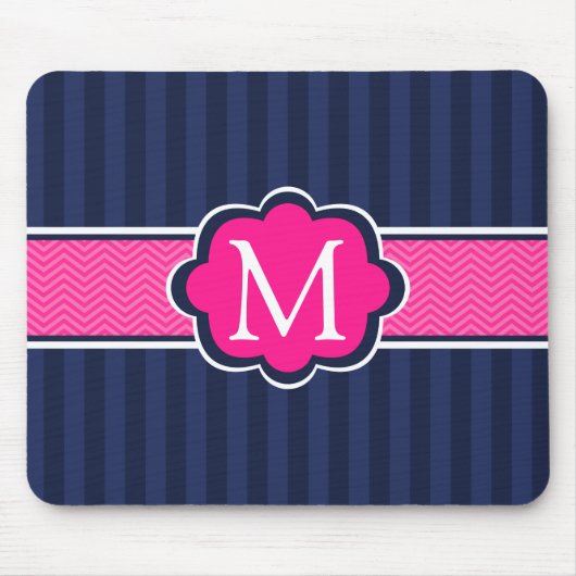 Marine-blaue Streifen-Pink-Gewohnheits-Monogramm Mousepad (Vorne)