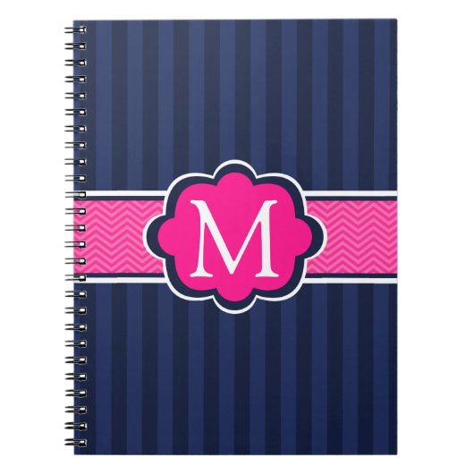 Marine-blaue Streifen-Pink-Gewohnheits-Monogramm Notizblock (Vorderseite)