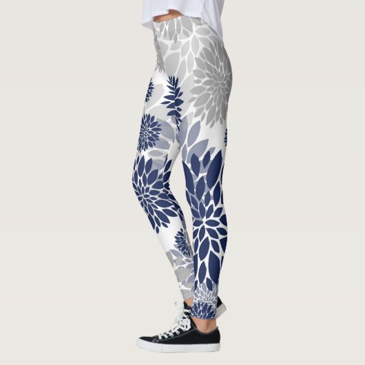 Marine-blaues Grau-Blumen-Muster Leggings (Links)