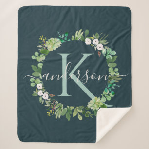 MARINE-BLAUES GRAU-KRANZ-LAUB-AQUARELL-MONOGRAMM SHERPADECKE