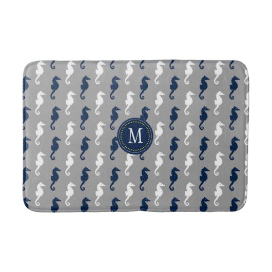 Marine-blaues Grau-Seepferd-Muster-Monogramm Badematte (Vorderseite)