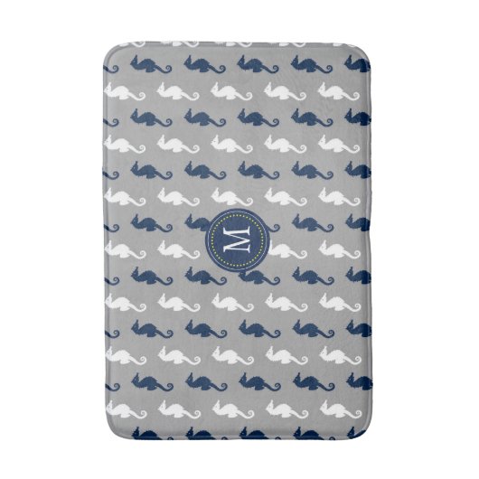 Marine-blaues Grau-Seepferd-Muster-Monogramm Badematte (Vorderseite Vertikal)