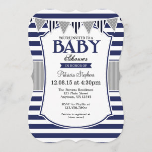Marine-blaues Grau Stripes Babyparty-Einladung Einladung