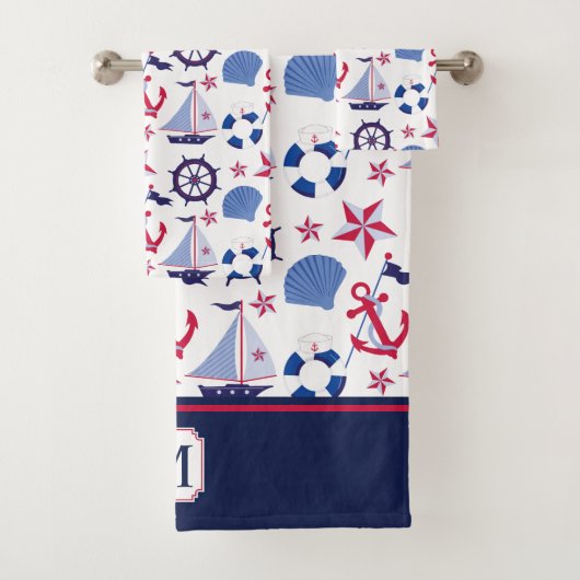 Marine-blaues Rot-Seemuster-Monogramm Badhandtuch Set (Insitu)