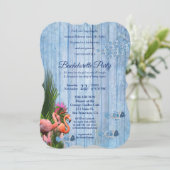 Marine - Blaues Wasser und rosa Flamingos Bachelor Einladung (Stehend Vorderseite)