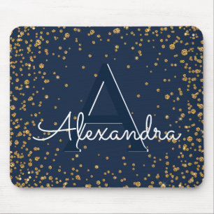 Marine-Blauund Goldconfetti-Monogramm-Name Mousepad