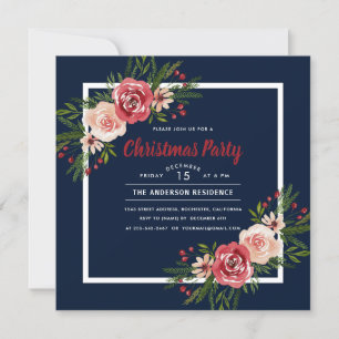 Marine-Blauwatercolor-BlumenweihnachtsParty Einladung