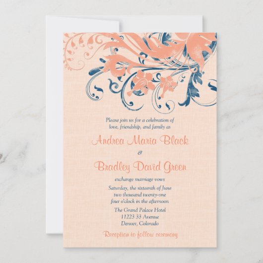 Marine Blue Coral Peach Floral Wedding Einladung (Vorderseite)
