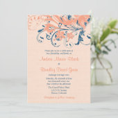 Marine Blue Coral Peach Floral Wedding Einladung (Stehend Vorderseite)