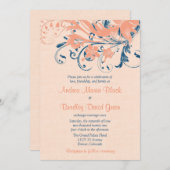 Marine Blue Coral Peach Floral Wedding Einladung (Vorne/Hinten)