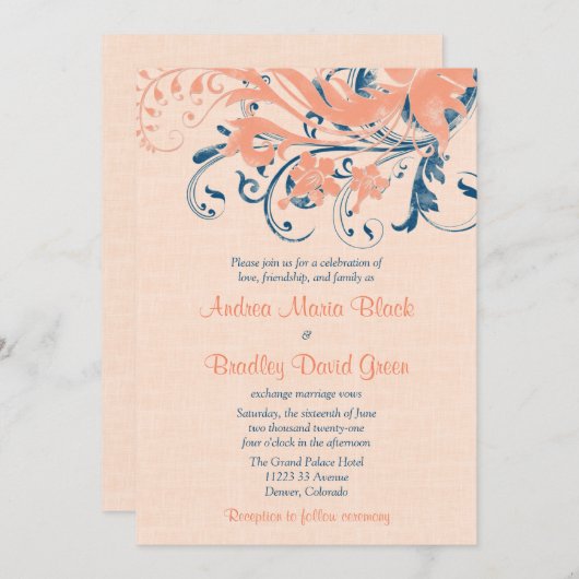 Marine Blue Coral Peach Floral Wedding Einladung (Vorne/Hinten)