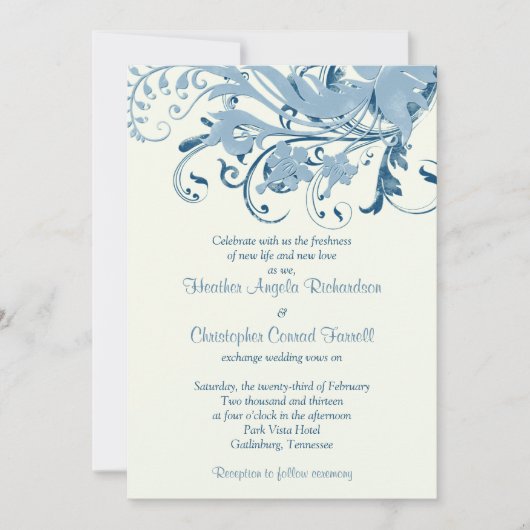 Marine Blue Ivory Floral Wedding Einladung (Vorderseite)
