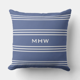 Marine Blue Stripes benutzerdefinierte Monogramm-W Kissen Für Draußen