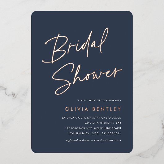 Marine | Boho Minimalistisch Script Brautparty Folieneinladung (Vorderseite)