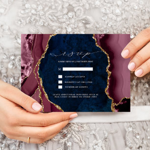 Marine, Burgund und Gold Achat Hochzeits RSVP Einl Einladung