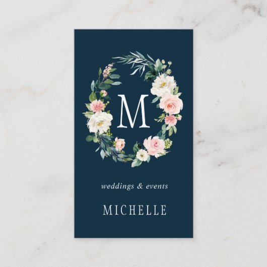 Marine-Frühling erröten BlumenKranz-Monogramm Visitenkarte (Vorderseite)
