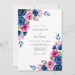 Marine Fuchsia Aquarell Romantische Hochzeit Einladung