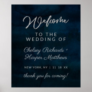Marine Glanz Dunkelblau Silber Hochzeit Willkommen Poster