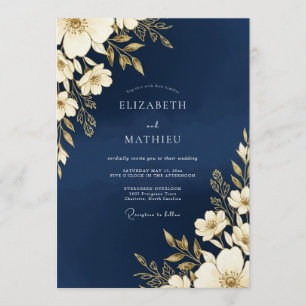 Marine-Gold-Blumen-Hochzeitsromantik Einladung