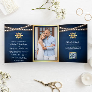 Marine goldene Schiffssteuerrad-QR-Code-Hochzeit Dreifach Gefaltete Einladung
