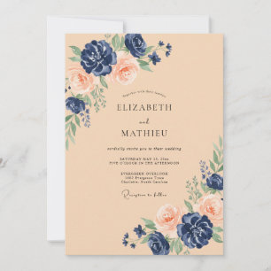 Marine-Hochzeit mit Pfirsich-Blütenpracht Einladung