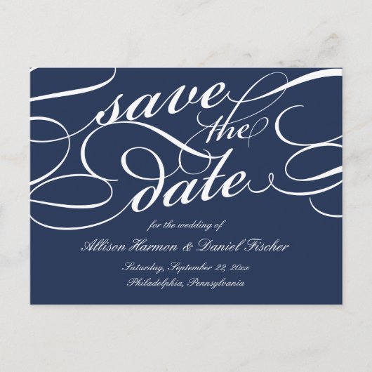 Marine | Klassische SkriptWedding Save the Date Ankündigungspostkarte (Vorderseite)