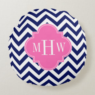 Marine Lg Chevron Hot Pink #2 Vierblatt 3 Monogram Rundes Kissen