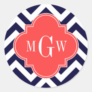 Marine Lg Chevron Korallenrot Quatrefoil 3 Monogra Runder Aufkleber