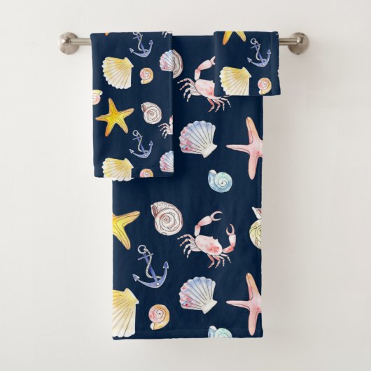 Marine Life & Anchors (Dark Bath Towel Set) Badhandtuch Set (Insitu)