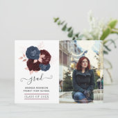 Marine, Maroon und Rose Gold Floral Abschluss Foto Ankündigung (Stehend Vorderseite)