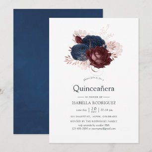 Marine, Maroon und Rose Gold Floral Quinceñera Einladung