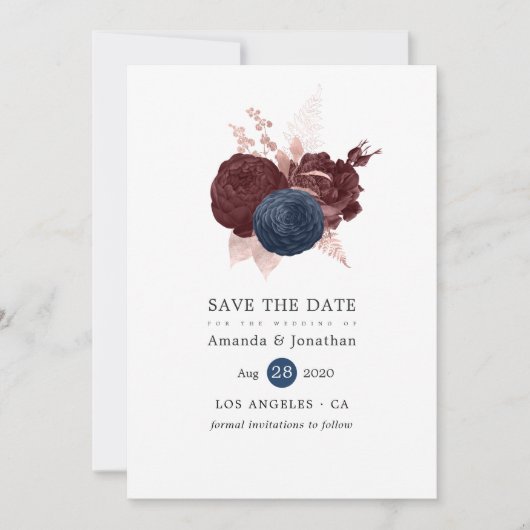 Marine, Maroon und Rose - Gold Floral Save the Dat Date (Vorderseite)