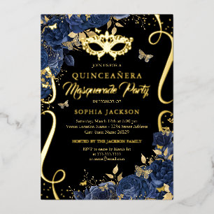 Marine Maskenball Blumen Schmetterling Quinceanera Folieneinladung