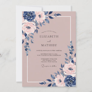 Marine-Mauve-Prächtige Blumige Hochzeit Einladung