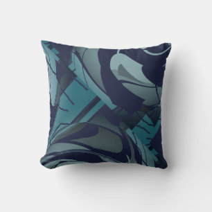 Marine mit Aquamarinen, dunkelgrauen Blätter Motif Kissen