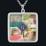 Marine-Monogramm-Foto-Collage Versilberte Kette<br><div class="desc">Kundenspezifische Halskette mit personalisierter Monogramm- und Quadratcollage von 4 Fotos, die Ihr Monogramm oder anderen kundenspezifischen Text in einem Diamantrahmen einfassen. Klicken fertigt ihn zum Änderungstext, -Schriftart und -farben besonders an, um einen einzigartigen Entwurf zu schaffen. Ein perfektes Geschenk für Familie, Freunde, Jungvermähltenpaare, Eltern und Großeltern! Diese Schablone funktioniert gut...</div>