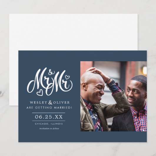 Marine Mr & Mr. Script - Save the Date mit Foto (Vorne/Hinten)