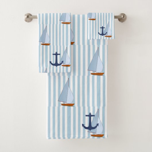 Marine Nautical Sailing Ship White and Blue Stripe Badhandtuch Set (Insitu)