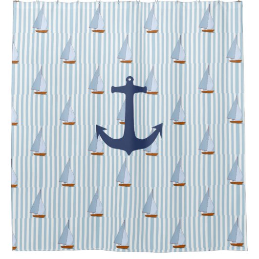 Marine Nautical Sailing Ship White and Blue Stripe Duschvorhang (Vorderseite)