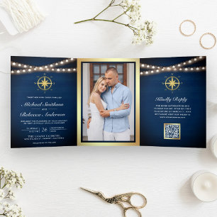 Marine-Nautischer Goldkompass QR-Code Hochzeit Dreifach Gefaltete Einladung