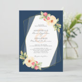Marine-Pfirsichwatercolor-Blumen-geometrische Einladung (Stehend Vorderseite)