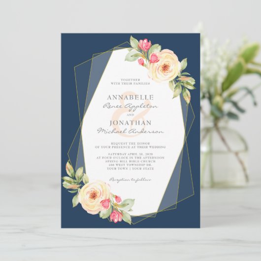 Marine-Pfirsichwatercolor-Blumen-geometrische Einladung (Stehend Vorderseite)