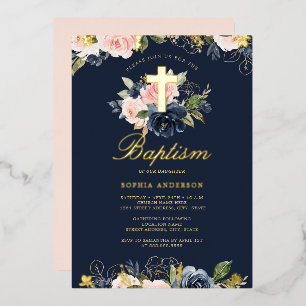 Marine Pink Gold Florales Taufkleid Folieneinladung