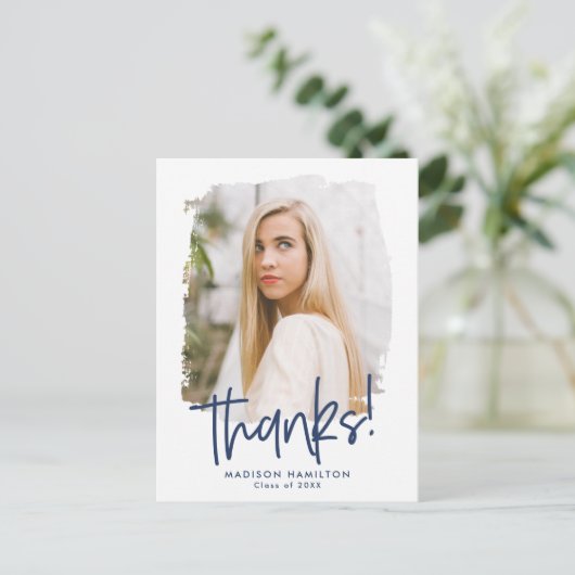 Marine | Preppy Script Foto Abschluss Vielen Dank Postkarte (Stehend Vorderseite)