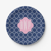 Marine Quatrefoil + Rosa Monogramm Pappteller (Vorderseite)