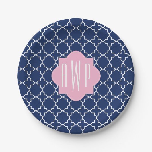 Marine Quatrefoil + Rosa Monogramm Pappteller (Vorderseite)